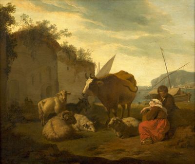 a painting of a woman and a cow in a field