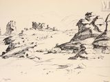 dessin représentant un paysage de montagne avec des rochers et des moutons au premier plan