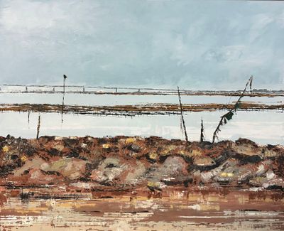 une image représentant un tableau d'une plage avec des rochers et de l'eau