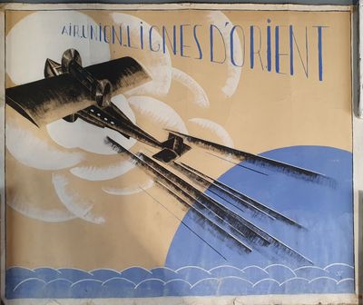 a sign on the side of a building with a plane flying over it