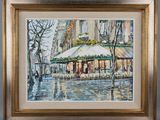 painting of a cafe on a rainy day in the city