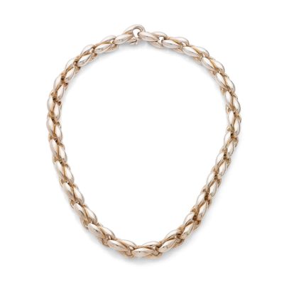 a gold necklace with a twisted link on a white background