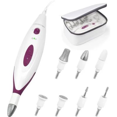 a close up of a white and purple electric device with several attachments