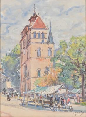 painting of a building with a clock tower in the middle of a street