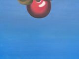 un tableau représentant une pomme volant dans les airs au-dessus d'une chaîne de montagnes