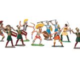 de nombreuses figurines représentant différents types de personnages, armés de lances et de boucliers