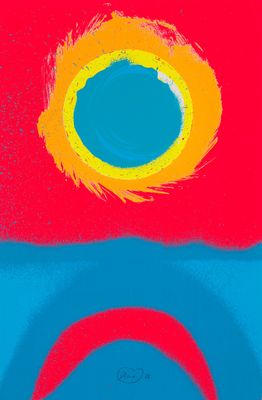 a red and blue painting with a yellow circle in the middle