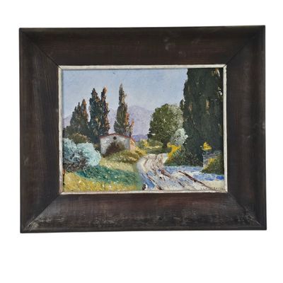an oil painting of a country road with trees and a house in the background