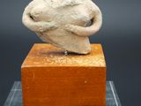 une image représentant une sculpture représentant une tête posée sur un bloc de bois