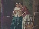 tableau représentant deux femmes en costume d'époque debout devant une chaise