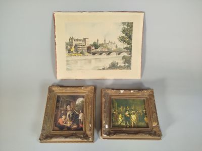 two framed paintings of a city and a river with a bridge