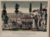 a drawing of a horse drawn carriage being pulled by a man