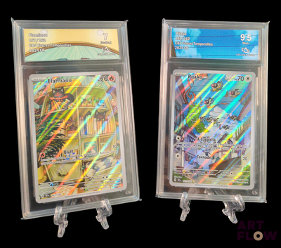 deux cartes Pokémon exposées dans une vitrine transparente