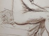 drawing of a woman sitting on a bench with her legs crossed