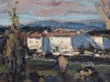 an oil painting of a view of a town with a church in the distance