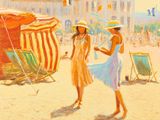 painting of two women on the beach with umbrellas and chairs