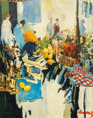 un tableau représentant une table sur laquelle sont disposés des fleurs et des fruits