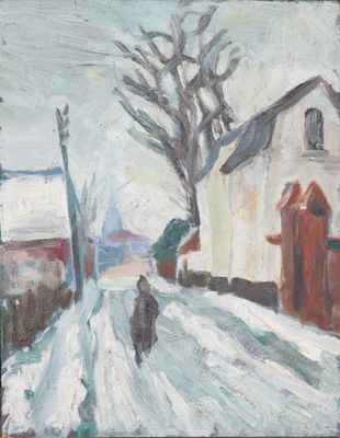 painting of a person walking down a snowy road in front of a church