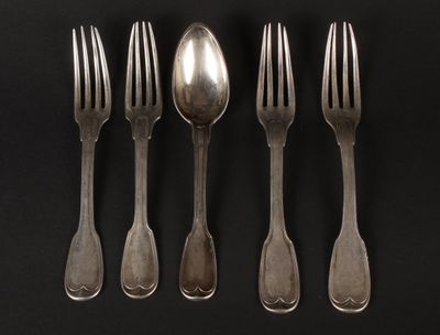 six forks and spoons are arranged in a row on a black surface