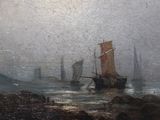 a painting of a boat in a body of water on a foggy day