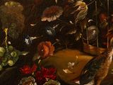 a painting of a bird sitting on a table next to flowers