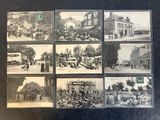 plusieurs vieilles photos en noir et blanc représentant des personnes et des chevaux dans une ville