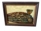 tableau à l'huile encadré représentant des huîtres et un verre de vin posés sur une table