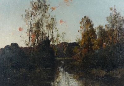 tableau représentant une rivière avec des arbres et un ciel en arrière-plan