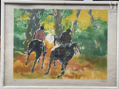 tableau représentant deux personnes à cheval dans une zone boisée