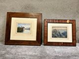 two framed pictures of a mountain scene with a castle in the background