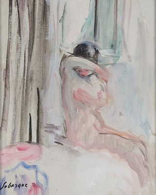un tableau représentant une femme coiffée d'un chapeau, assise sur un lit
