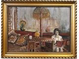 a painting of a woman sitting at a table reading a book