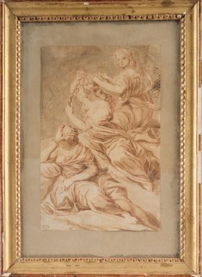 an old picture of a painting of a woman and two children
