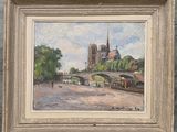 une image représentant une peinture d'une rue de ville avec une église en arrière-plan