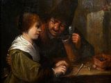 painting of a man and a woman sitting at a table with a glass of wine