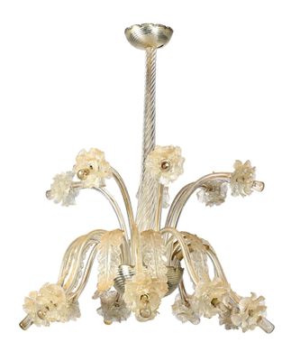 une photo d'un lustre en verre orné de fleurs suspendu au plafond