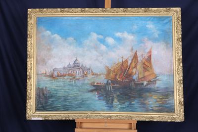 a picture of a painting on a easel with a boat in the water