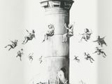 a drawing of a tower with a bunch of people on it