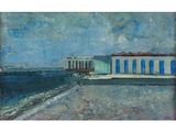 une image représentant un tableau d'un bâtiment au bord de l'eau