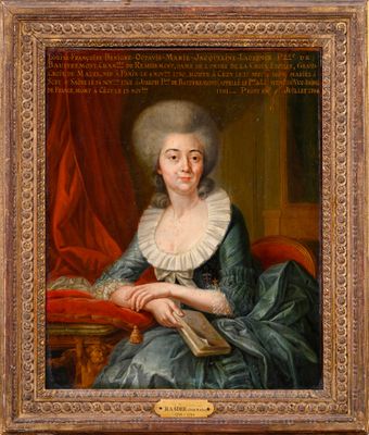 portrait of a lady in a green dress holding a book