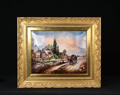 une image représentant un tableau d'une calèche tirée par des chevaux sur une route de campagne