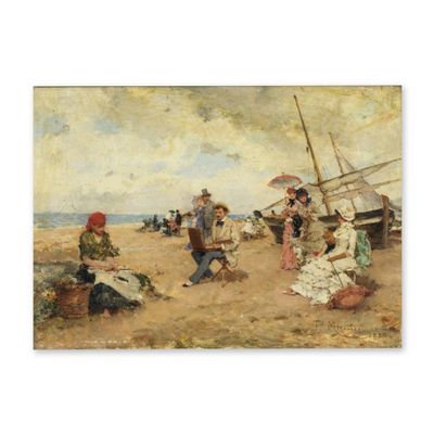tableau représentant un groupe de personnes sur une plage, avec un bateau en arrière-plan