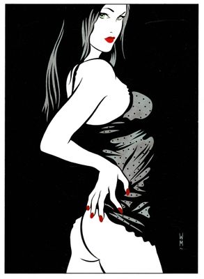 un dessin en noir et blanc représentant une femme aux ongles rouges