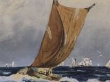 a painting of a sailboat in the water with other boats in the background