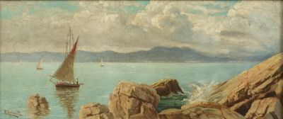 a painting of a sailboat on the water near rocks