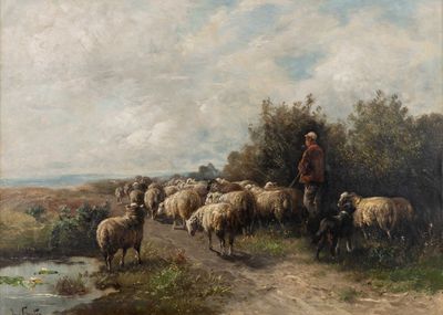 tableau représentant un homme gardant un troupeau de moutons sur un chemin de terre