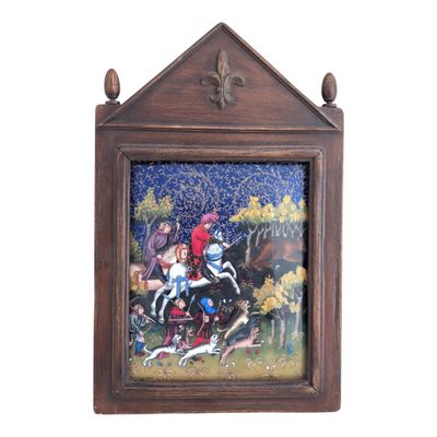 an image of a picture of a horse and rider in a wood frame