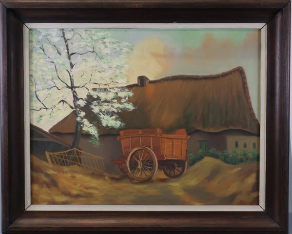R. MEES. « La charrue à la ferme ». Huile sur toile. Signée en ba...