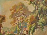 an oil painting of a country road with a house and trees in the background