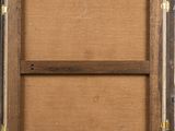 an oil painting of a brown wooden frame with a label on it
